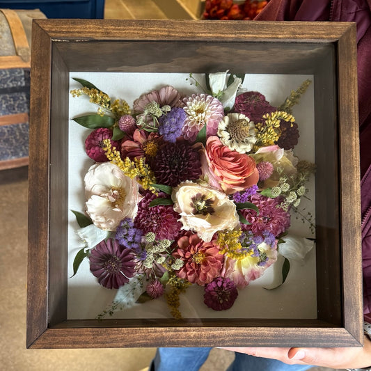 12x12 square brown wood shadowbox flower floral preservation wedding bridal flowers bouquet