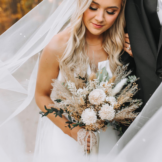 boho neutral white green bridal wedding bouquet dried flowers