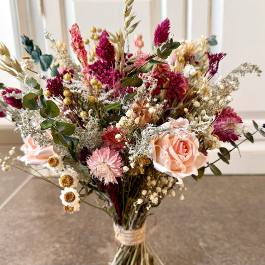 bright pink wedding bouquet dried flowers forever