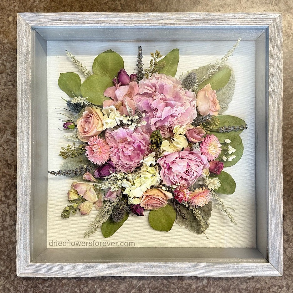 fresh-flower-bridal-wedding-bouquet-preservation-grey-gray-shadow-box-dried-flowers-forever-roses-pink-peony-green-eucalyptus-rustic