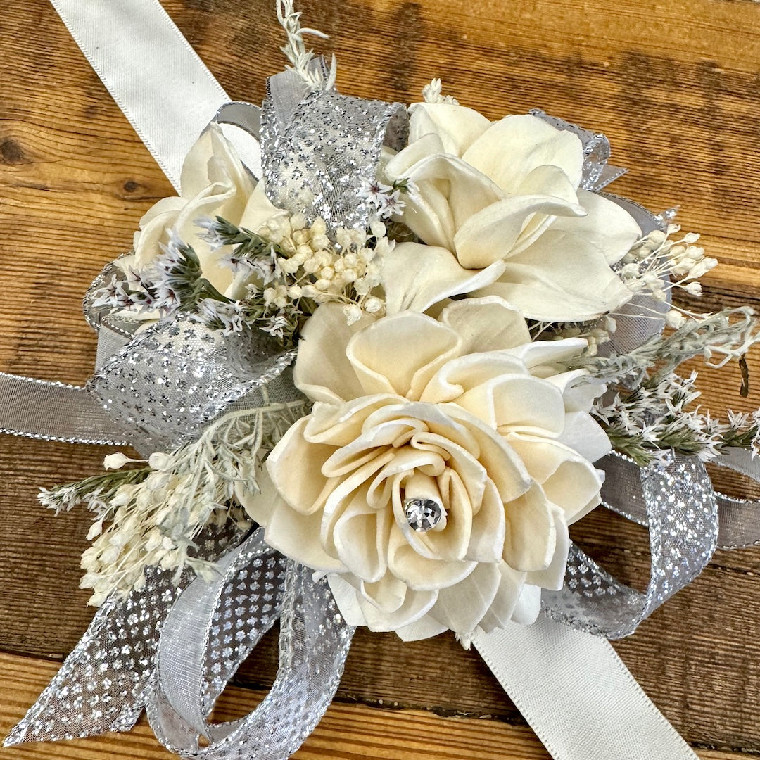 Ivory White and Silver Prom Corsage - Dried Flowers Forever Ivory White and Silver Prom Corsage - Dried Flowers Forever