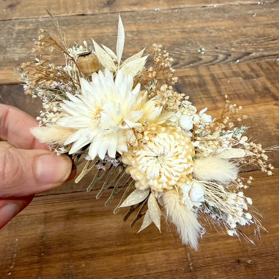 white ivory gold flower hair comb wedding dried flowers forever