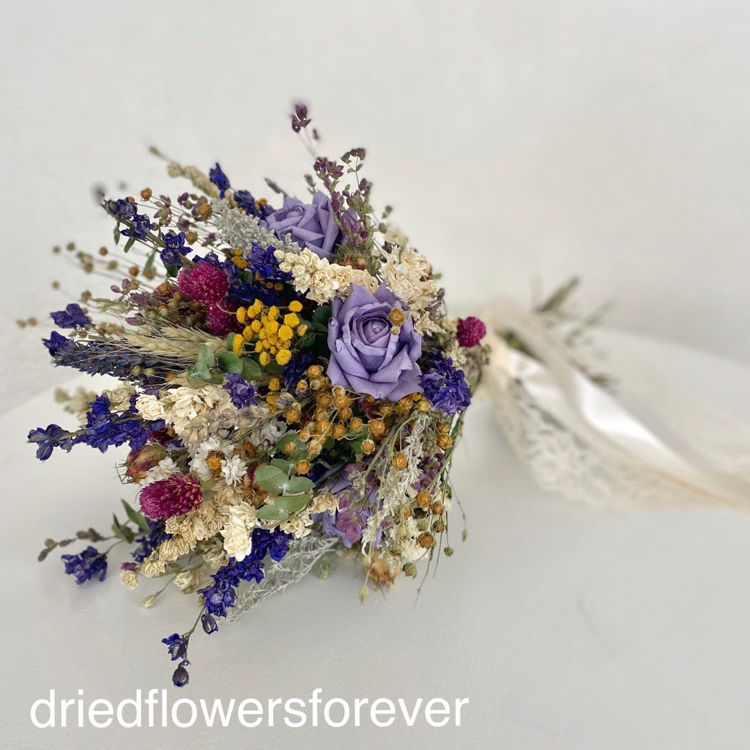 Bridal Bouquet with Blue Larkspur, and Lavender