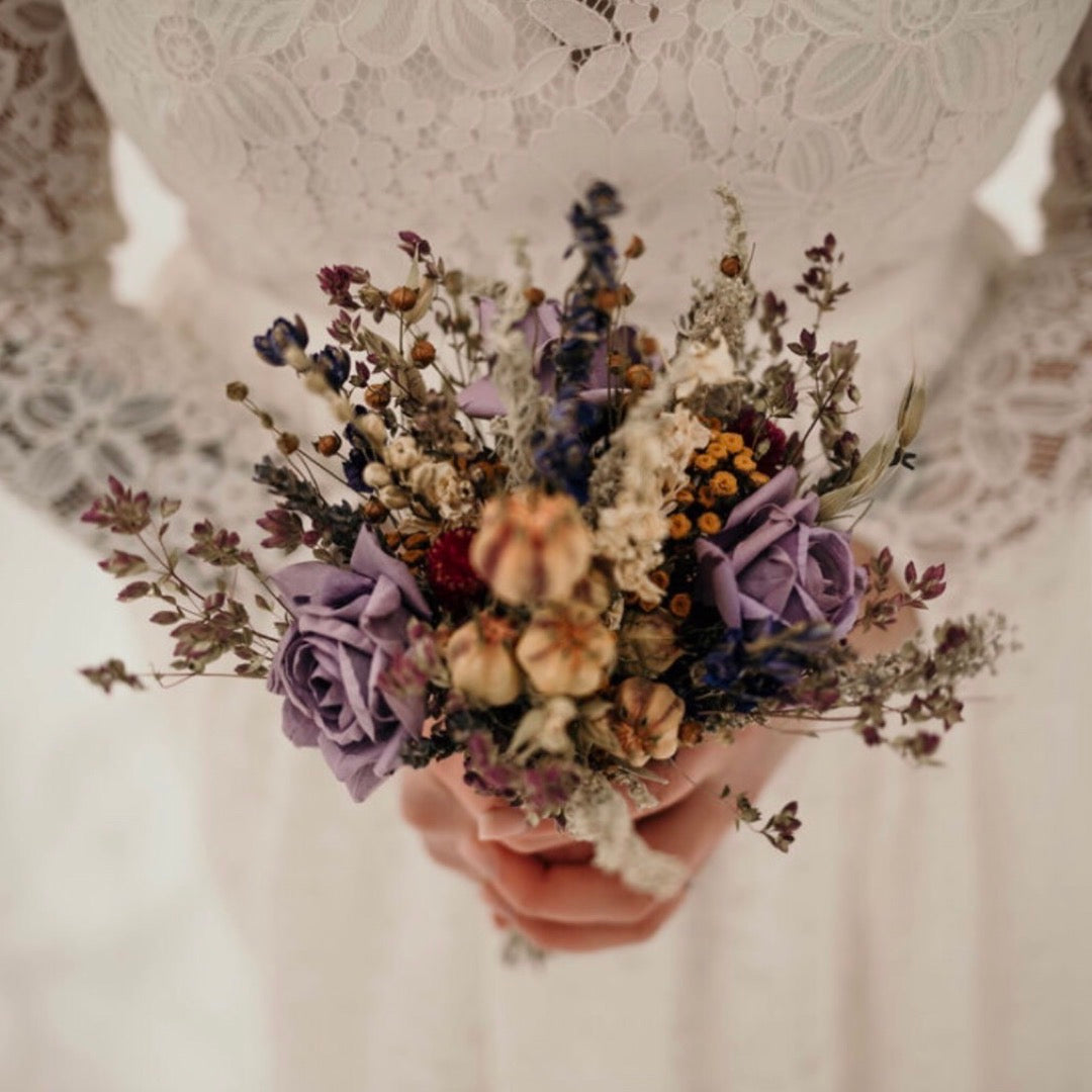 purple vintage medium dried flower bouque with lilac roses