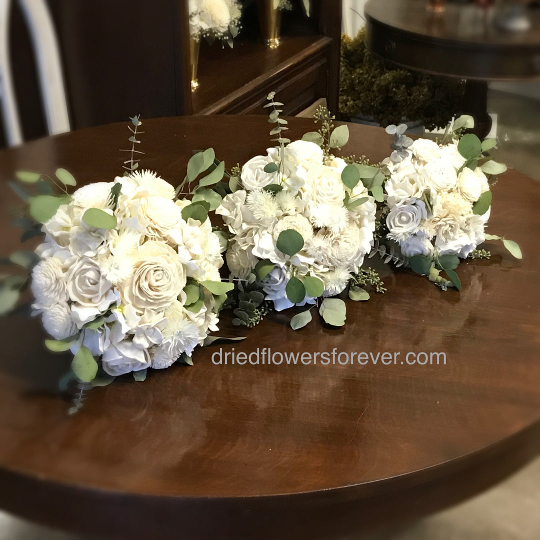 white green wedding dried bouquet eucalyptus babys breath hydrangea
