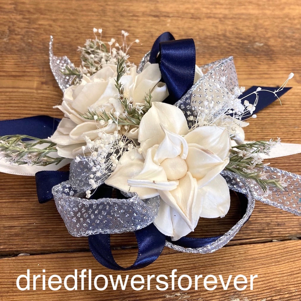 Navy Blue & Silver Prom Corsage - Dried Flowers Forever Navy Blue & Silver Prom Corsage - Dried Flowers Forever