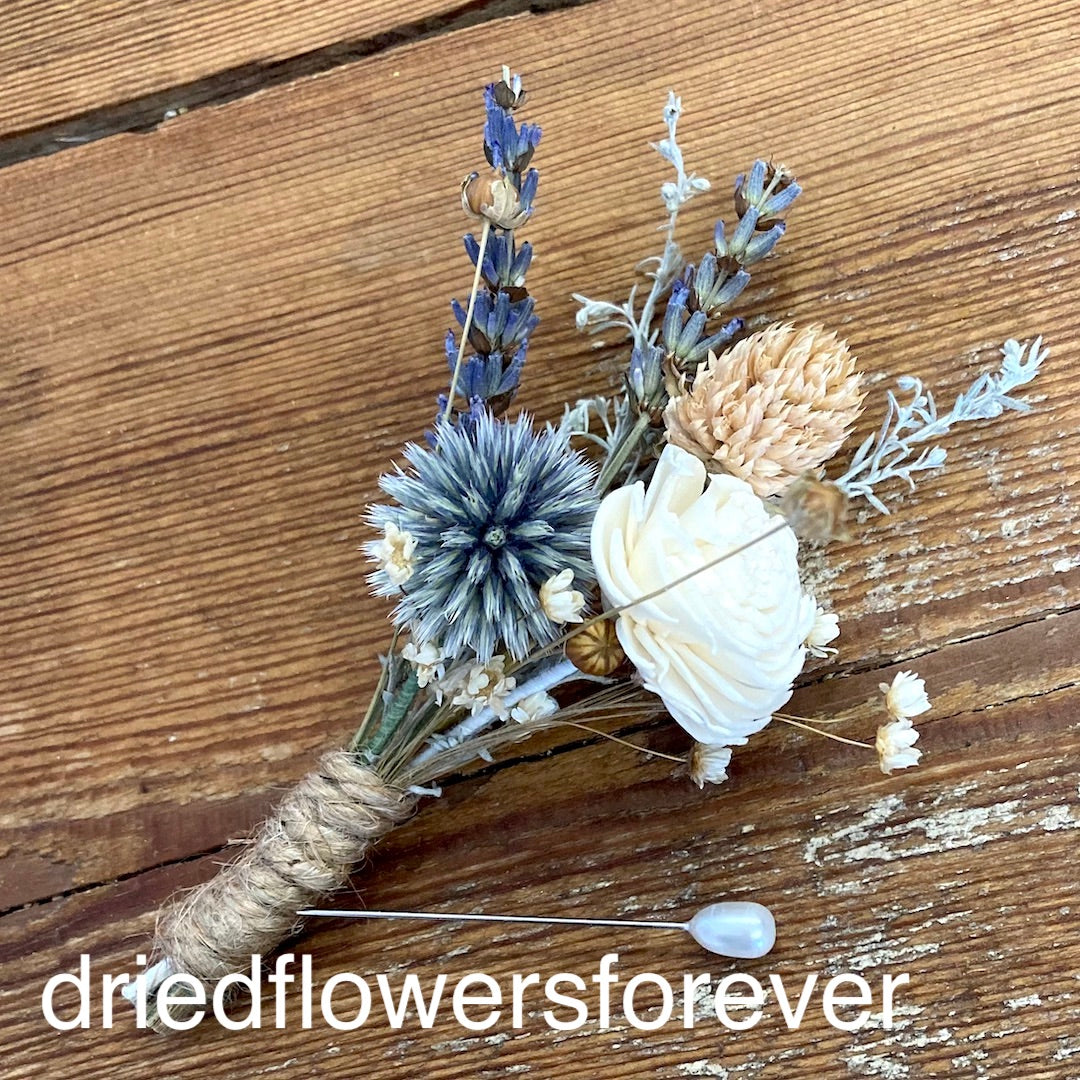 Pale Pink and Blue Boutonniere - Dried Flowers Forever
