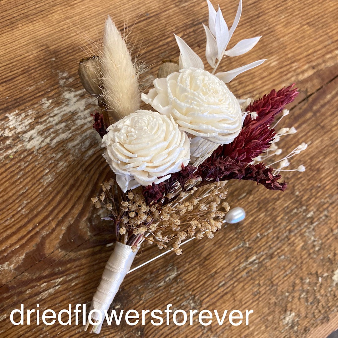burgundy dried flower boutonniere neutral