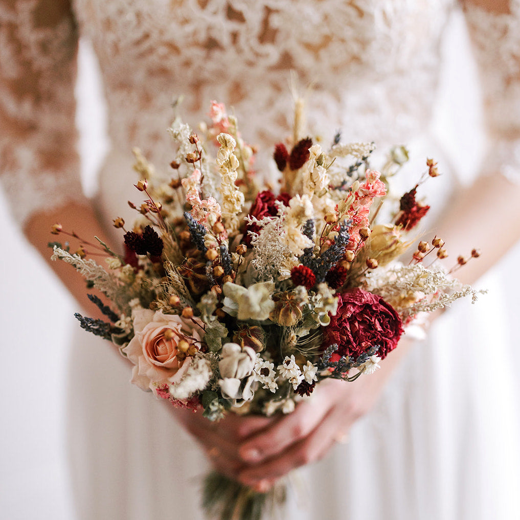 burgundy peonies dried flowers wedding bouquet