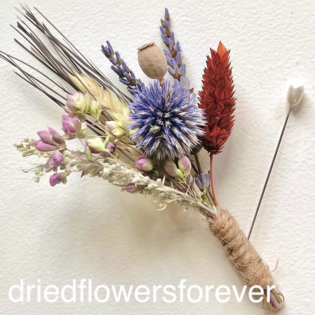 dried flower autumn orange blue gray boutonniere
