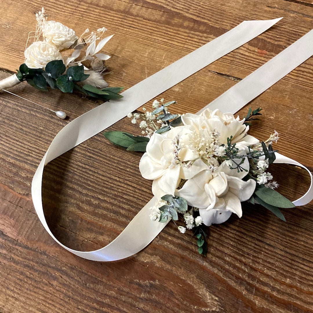 Ivory White & Green Wrist Corsage - Dried Flowers Forever Ivory White & Green Wrist Corsage - Dried Flowers Forever