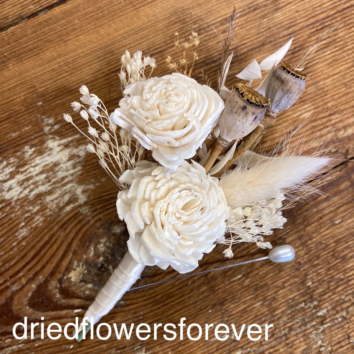 dried flower prom boutonniere ivory white
