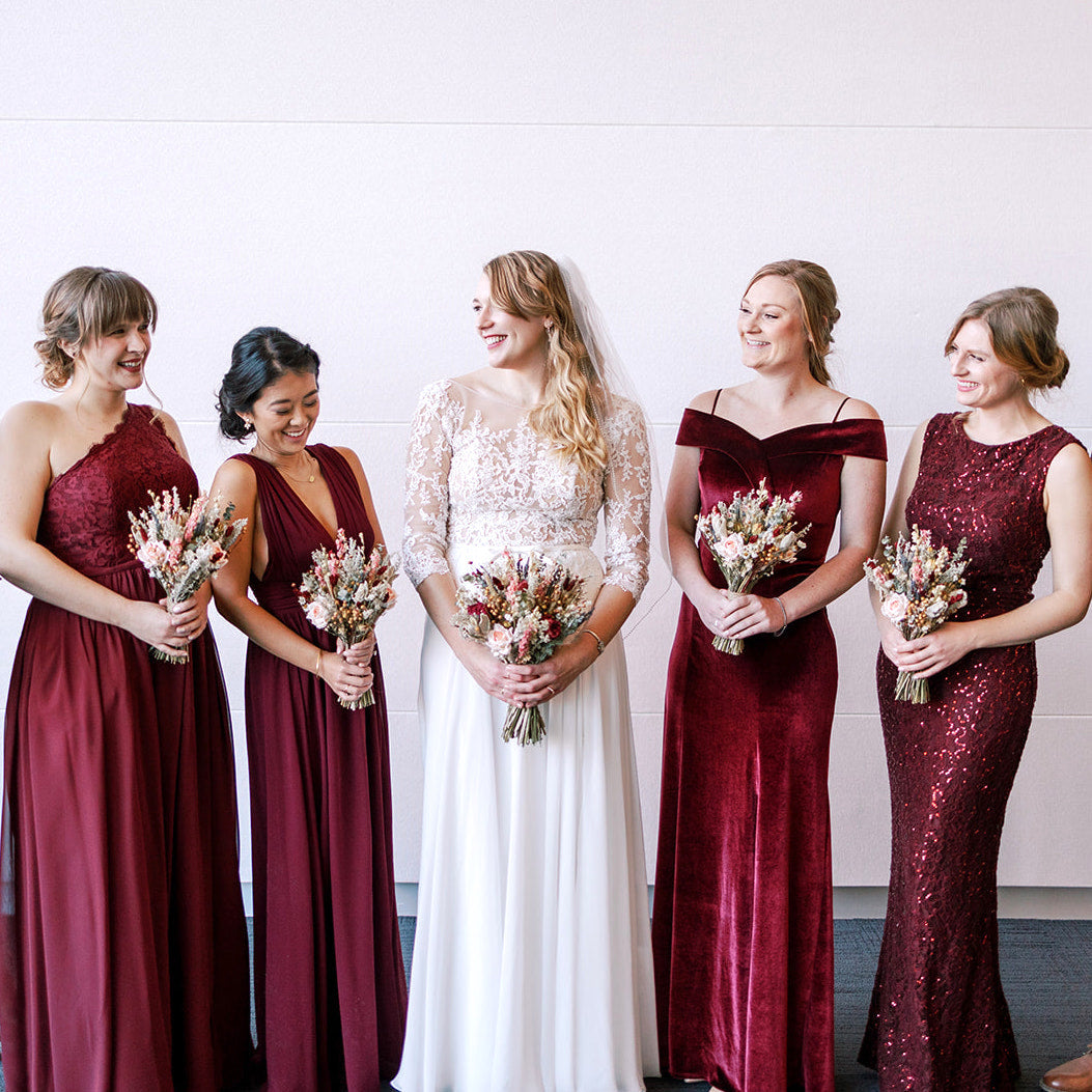 dried flower wedding bouquet blush pink peach burgundy