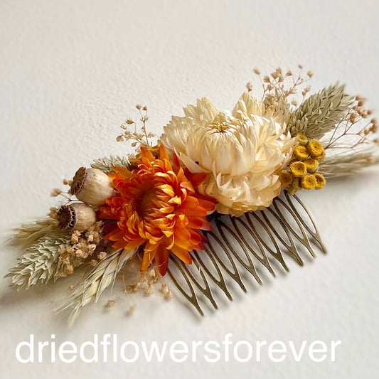 dried flower burnt orange and rust hair comb