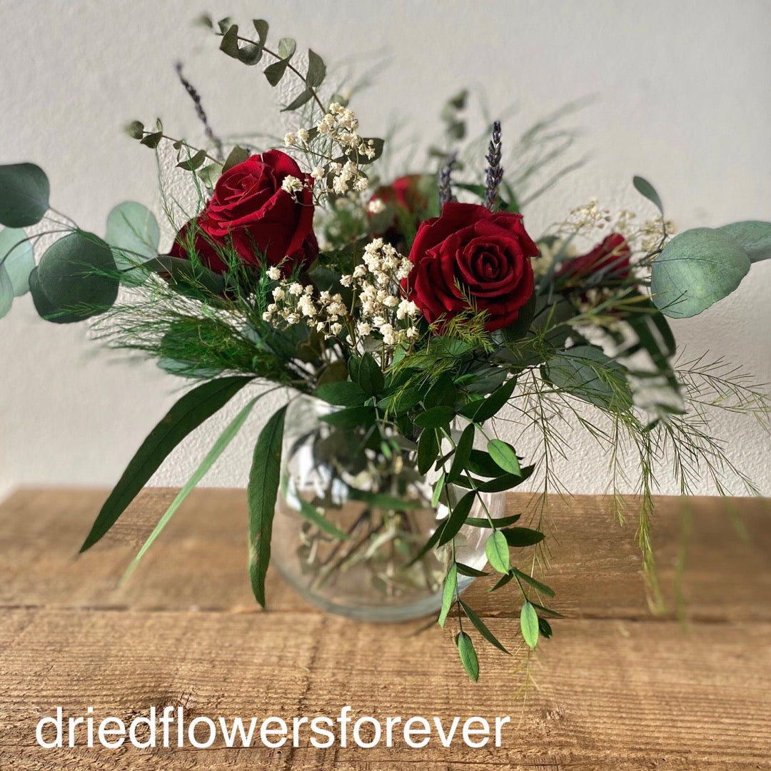 Dried flowers red real rose and eucalyptus arrangement