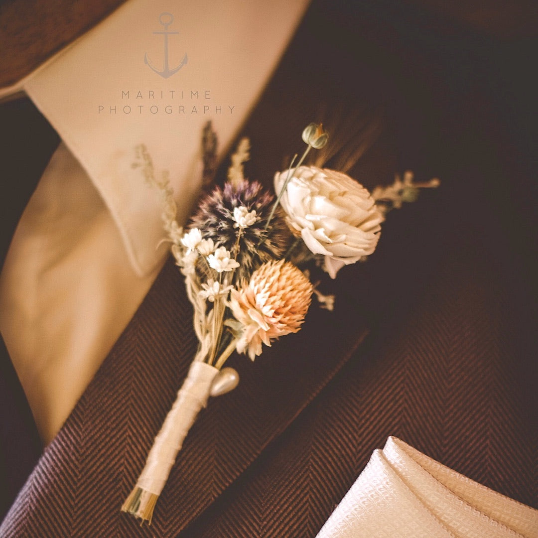 garden collection pink blue dried flower boutonniere