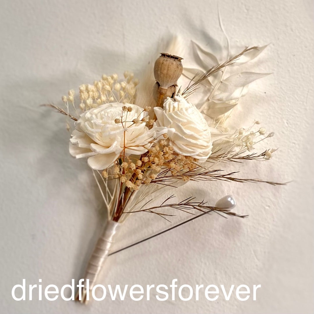 ivory gold neutral boutonniere dried flowers