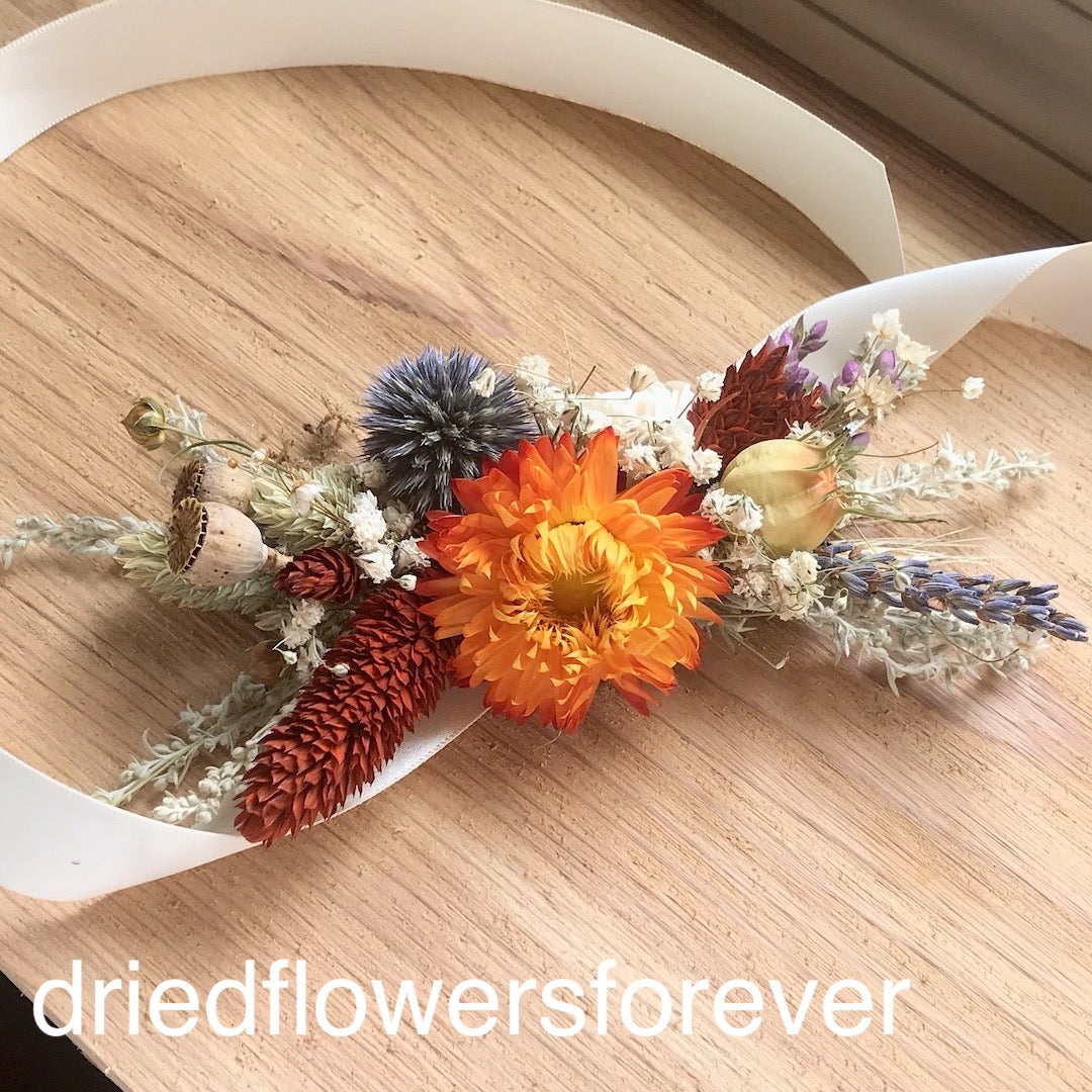 Autumn Orange & Blue Wrist Corsage - Dried Flowers Forever