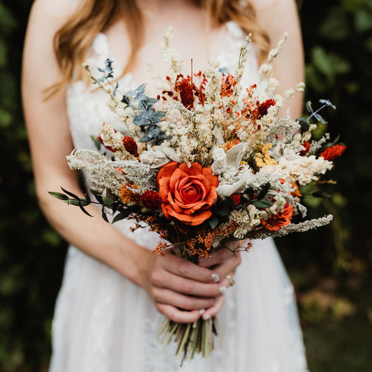 orange burnt dried flower wedding bouquet