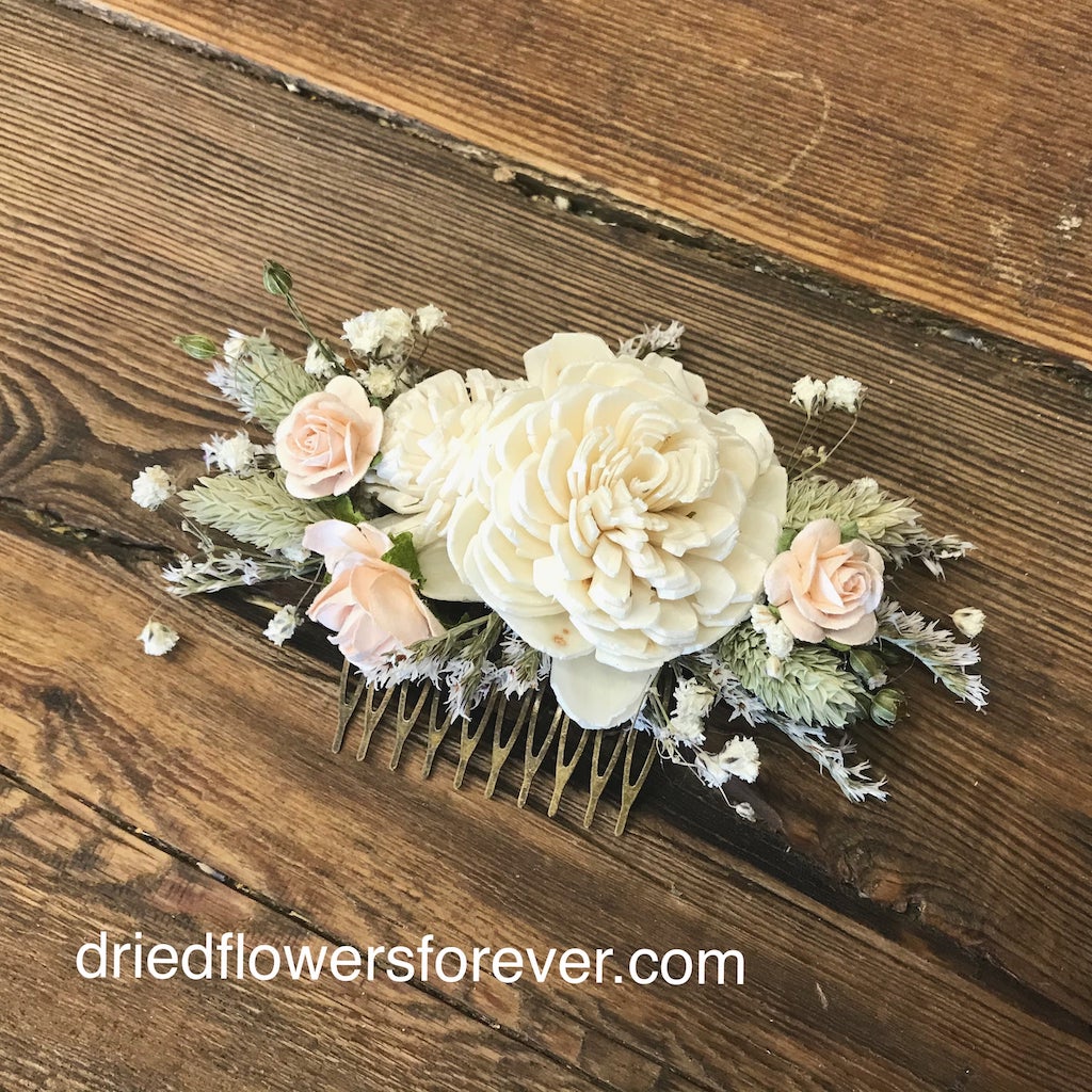 pale peach sage green hair comb dried flowers