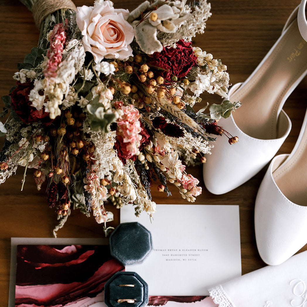 peach burgundy dried flower wedding bouquet