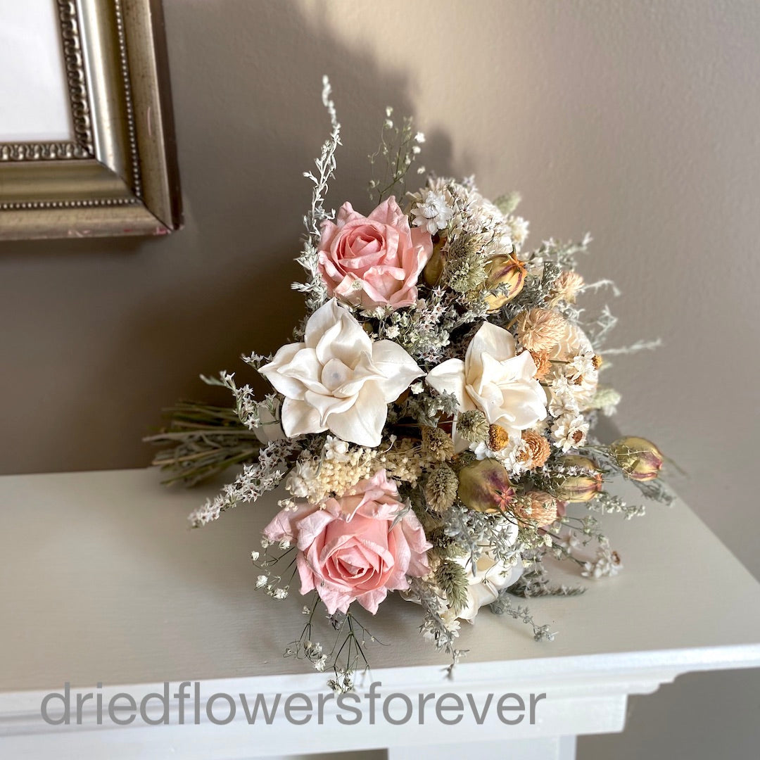 Pale Peach Pink Dried Wedding Bouquet - Amore - Dried Flowers Forever