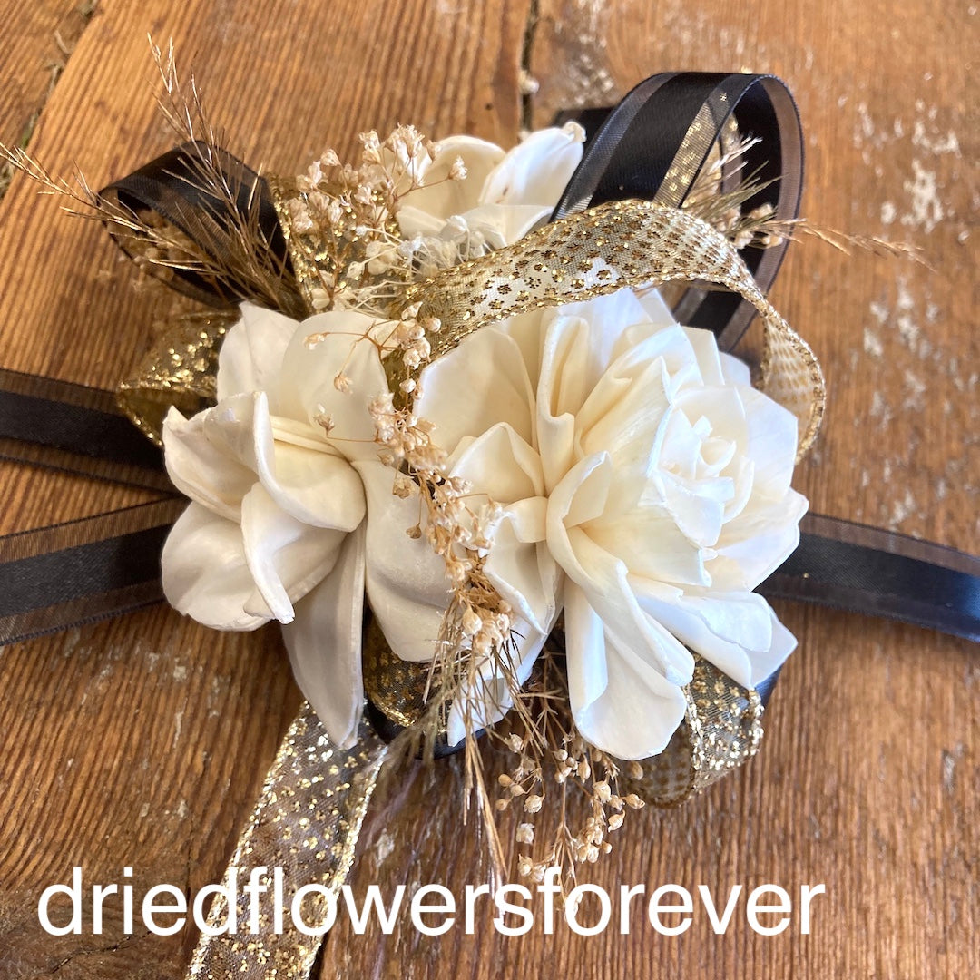 Black & Gold Prom Corsage - Dried Flowers Forever Black & Gold Prom Corsage - Dried Flowers Forever