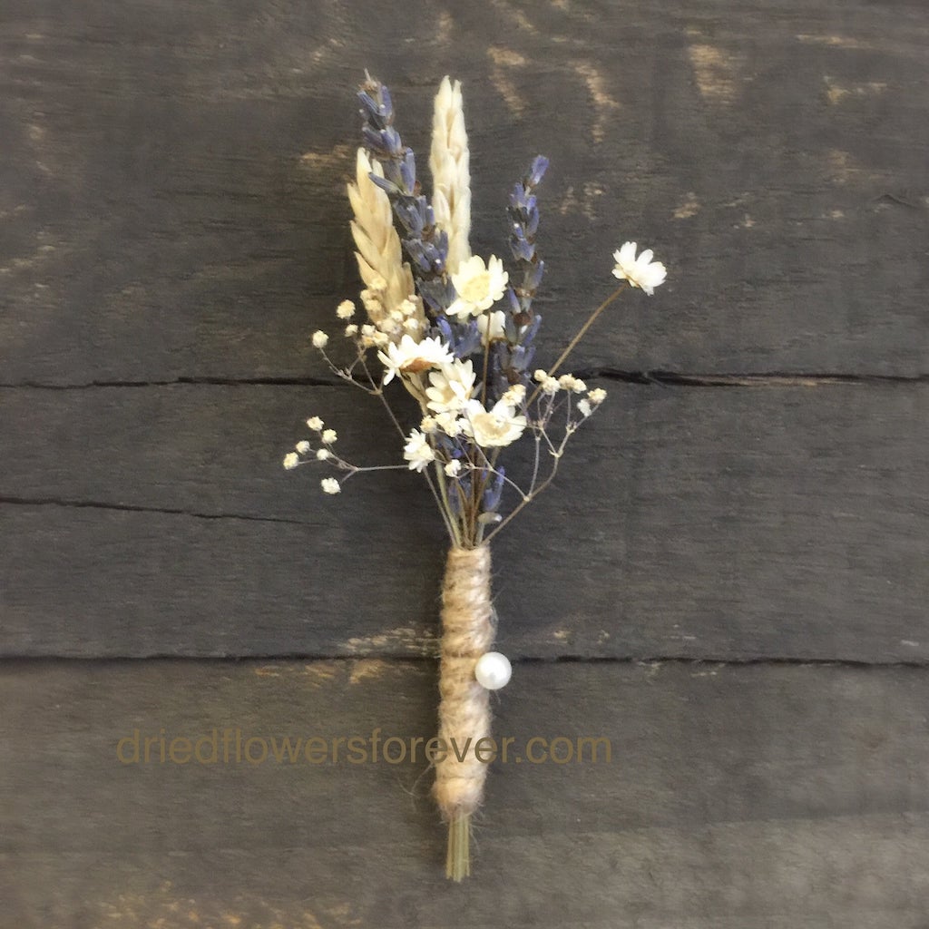 Wheat and lavender dried flower boutonniere.