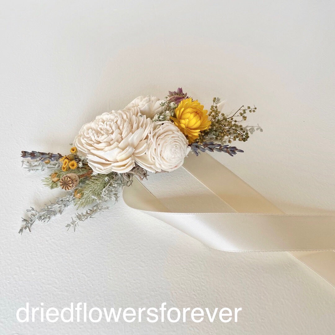 Yellow vintage dried flower wrist corsage