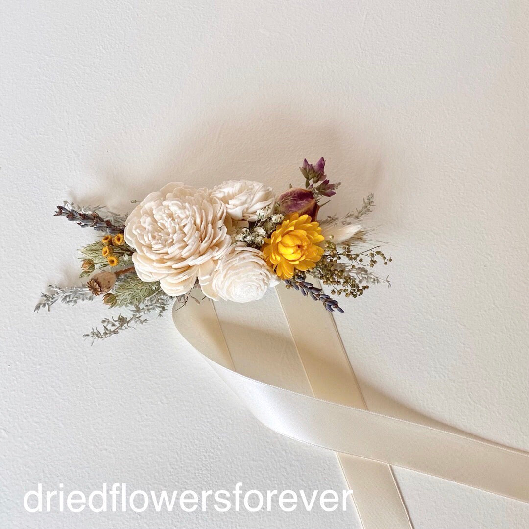 Yellow vintage wrist corsage dried flower wristlet