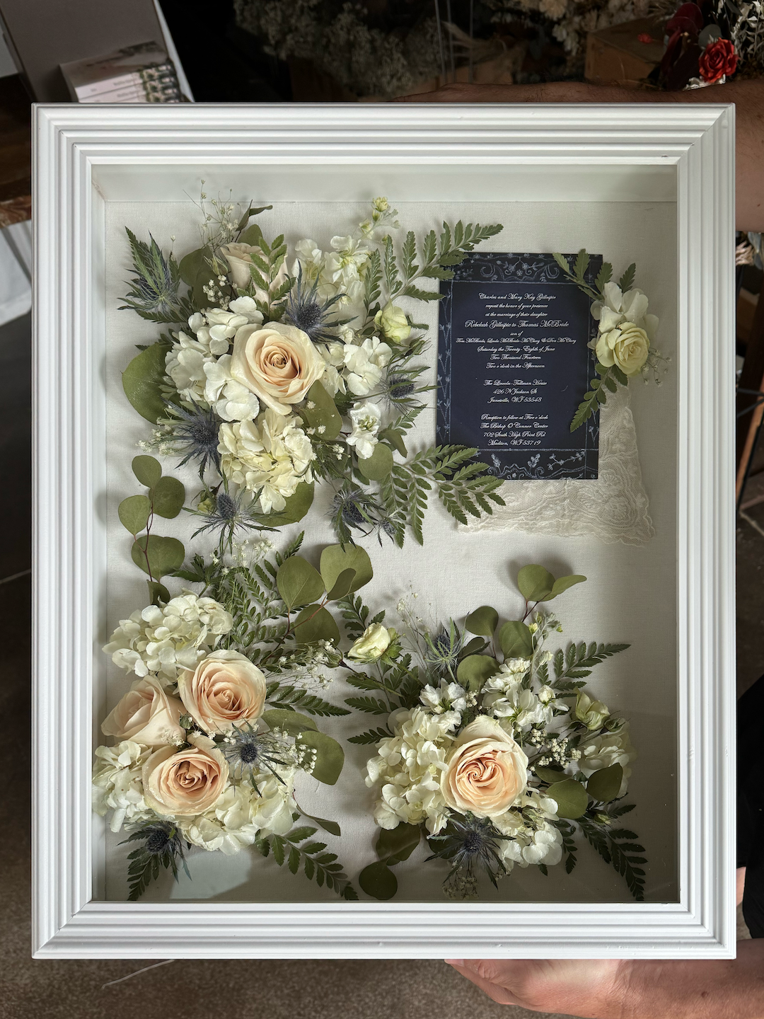 fresh-flower-bridal-wedding-bouquet-preservation-white-shadow-box-dried-flowers-forever-roses-white-cream-green-blue-invite