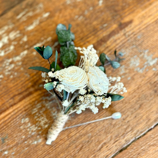 boutonniere groom ivory white green dried flowers forever