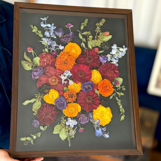 brown wood 16x20 shadowbox  flower preservation wedding flowers partial press