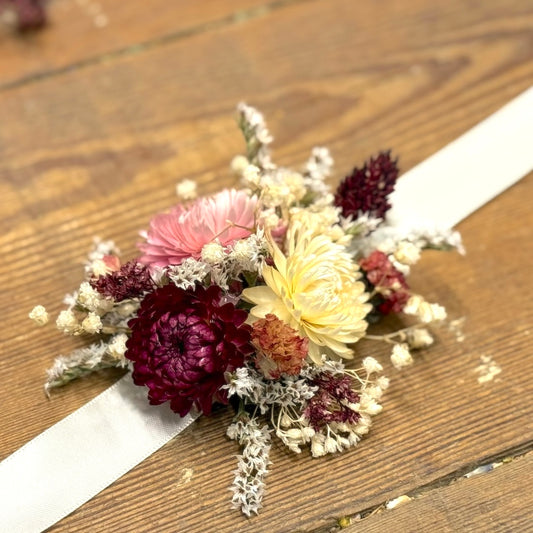 burgundy pink prom corsage dried flowers 
