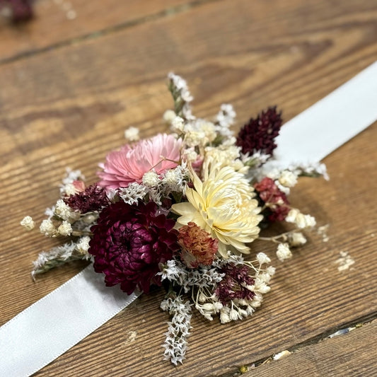 burgundy pink prom corsage dried flowers