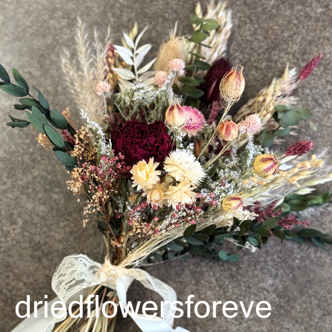 dried peony burgundy wedding bouquet flowers forever boho green eucalyptus