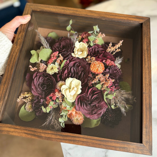 floral preservation 12x12 square wood brown shadowbox wedding bridal bouquet