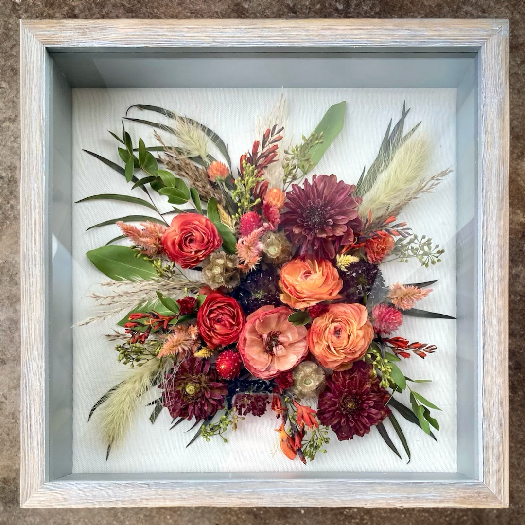 fresh-flower-bridal-wedding-bouquet-preservation-grey-gray-shadow-box-dried-flowers-forever-red-burgundy-maroon-rustic