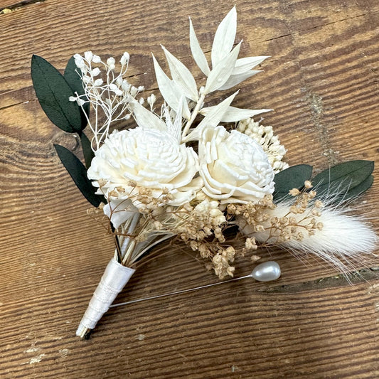 ivory white green boutonniere boho dried flowers forever