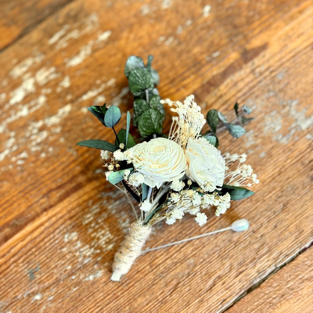 ivory white green boutonniere dried flowers forever