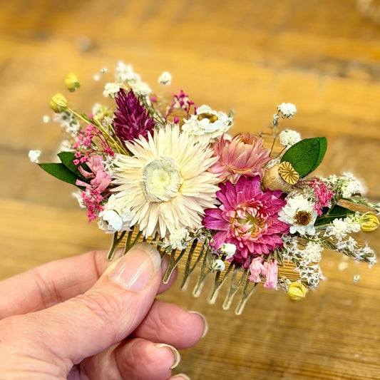 pink flowers hair comb dried flower forever