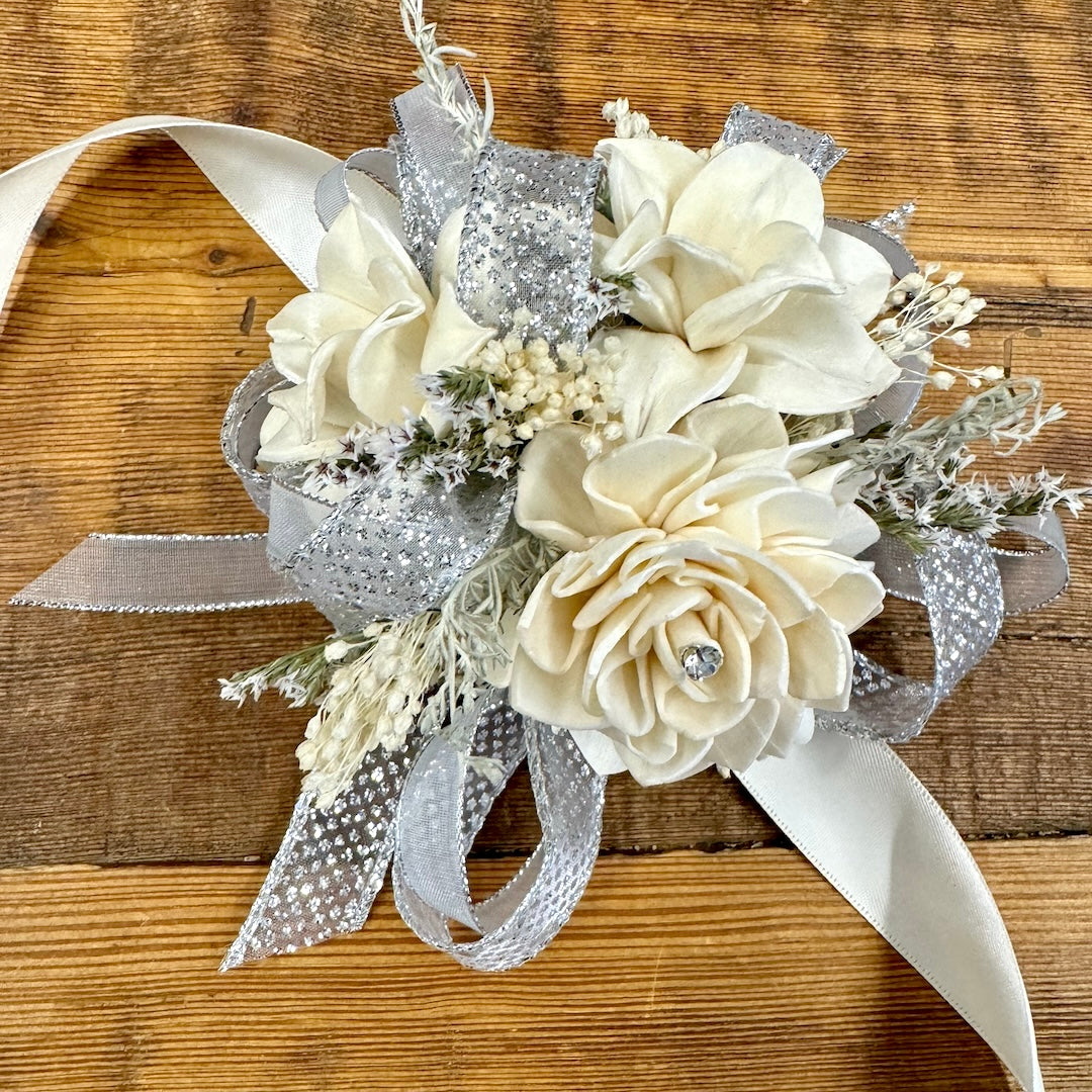 wrist corsage prom dried flowers silver white ivory forever