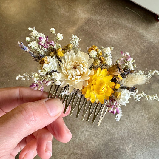 yellow lavender dried flower hair comb wedding