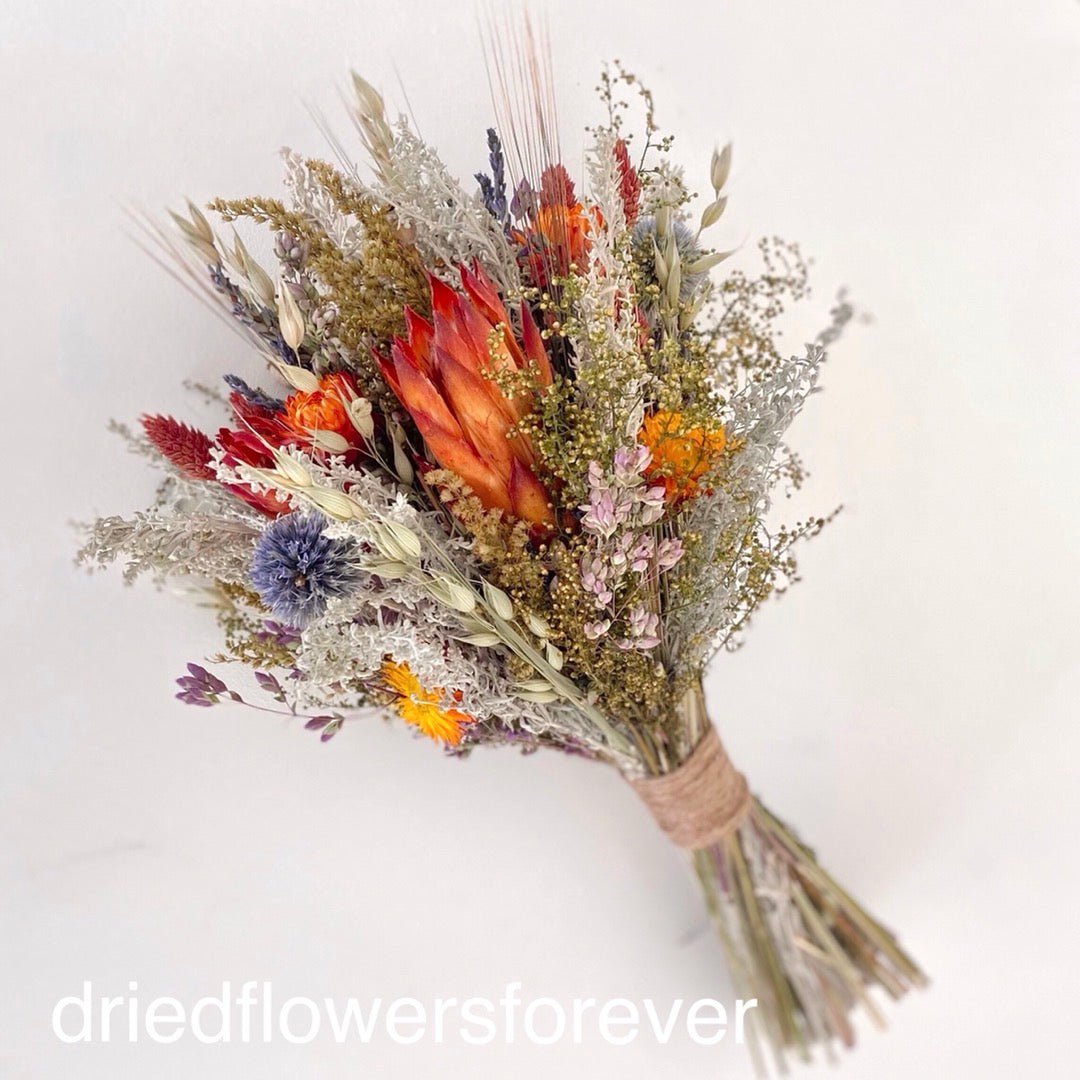 Orange autumn dried flower wedding bouquet