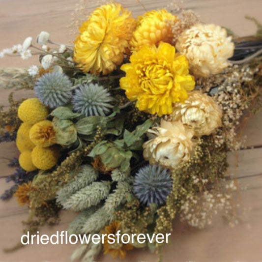 Yellow and blue gray dried flower bouquet lavender strawflowers