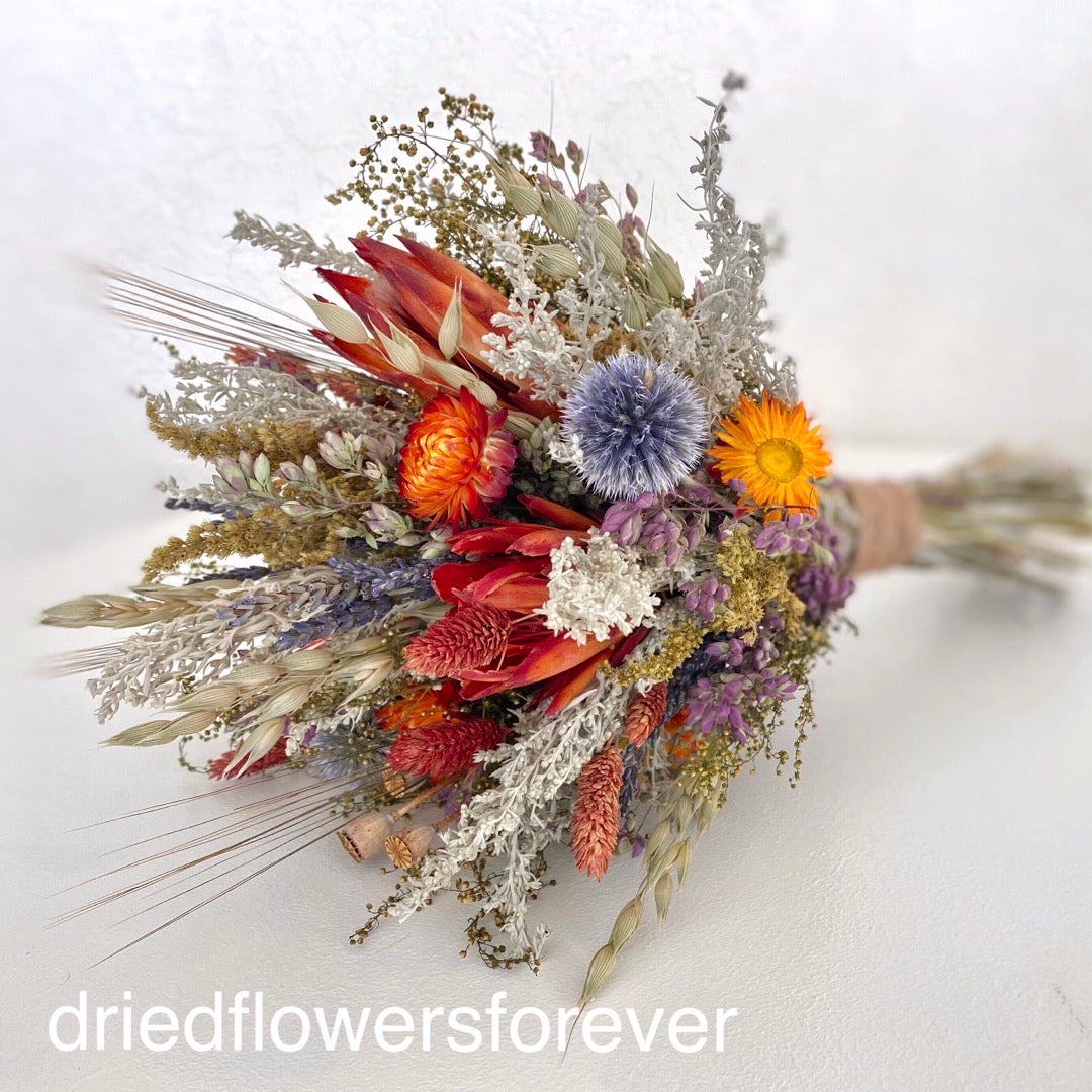 Autumn orange blue dried flower wedding bouquet