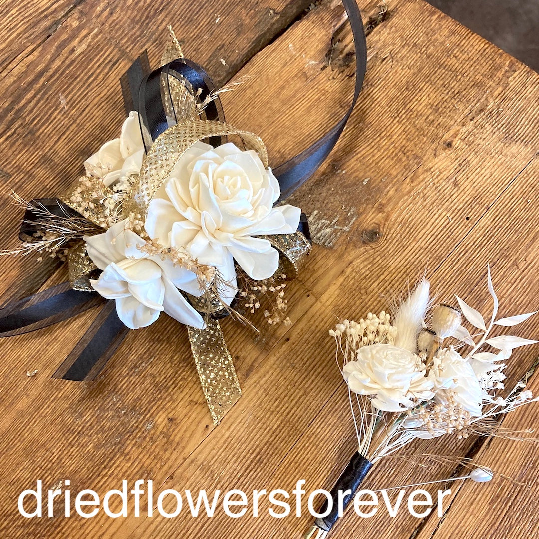 black gold prom corsage boutonniere dried flowers