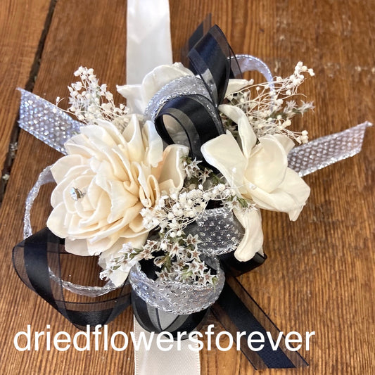 black silver prom corsage dried flowers