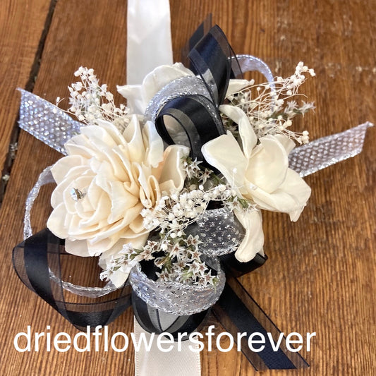 prom flowers for black and silver dress Custom Corsage Boutonniere Set: Silver, Black Lace, Rhinestone Prom Flowers
