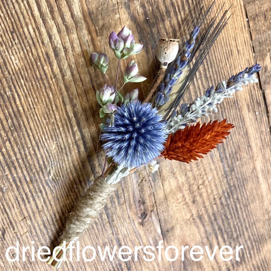 blue gray orange lavender dried flower boutonniere